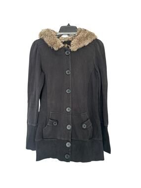Forever Black Hooded Jacket Coat Faux Fur Trim Button Front Size Medium